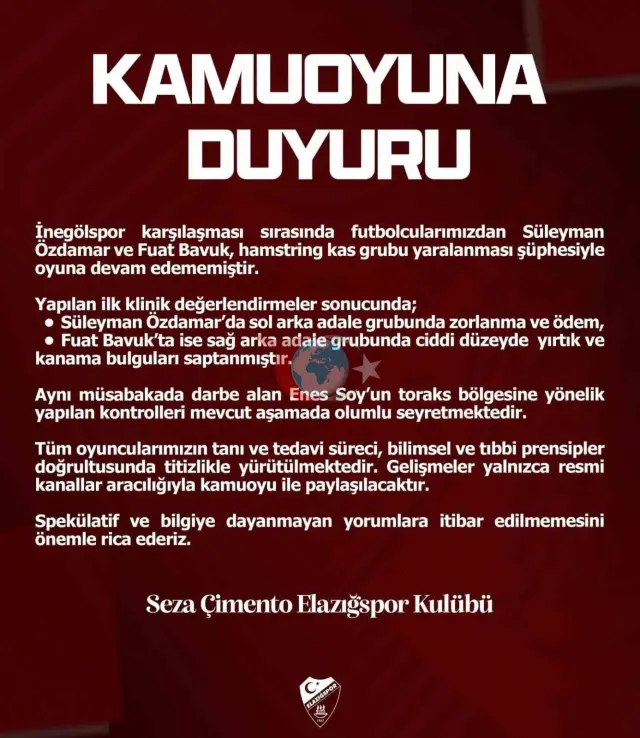Elazığspor'dan Sakat Oyuncular Hakkında Bilgilendirme
