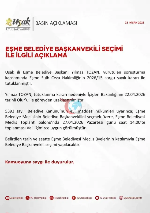 Eşme'de Belediye Başkanvekili 27 Nisan'da Seçilecek