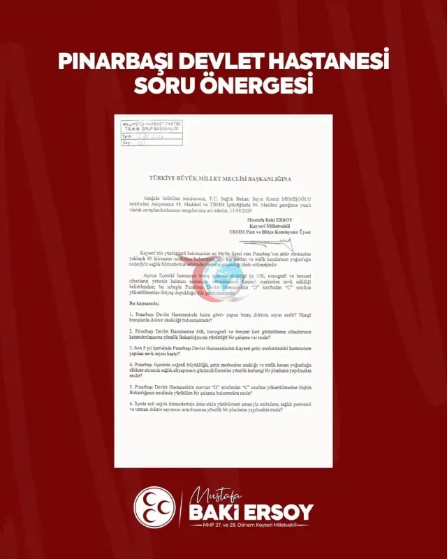 MHP'li Ersoy, Pınarbaşı'nın Sağlık Sorunlarını TBMM'ye Taşıdı