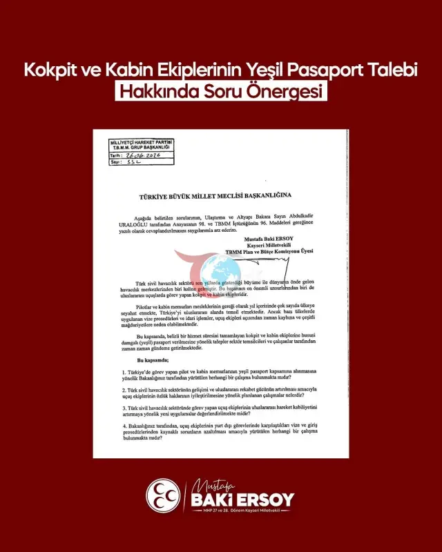MHP'li Ersoy, Pilot ve Kabin Ekipleri İçin Yeşil Pasaport Talebinde Bulundu