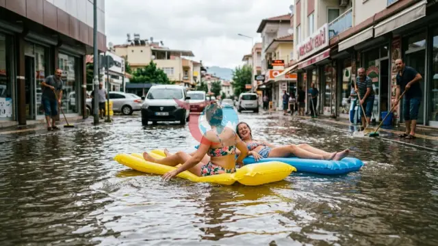 Fethiye'de Sağanak Sonrası Sıra Dışı Manzara: Turistler Sel Sularında Şişme Yataklarla Yüzdü
