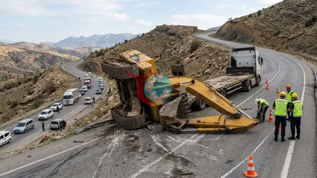 Adıyaman Kahta'da Tırın Üzerindeki İş Makinesi Yola Devrildi: Ulaşım Durma Noktasına Geldi