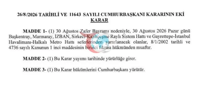 30 Ağustos Zafer Bayramı'nda Ulaşım Müjdesi: Marmaray, Başkentray ve İZBAN Ücretsiz Olacak