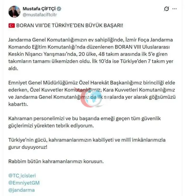 Daxili İşlər Naziri Mustafa Çiftçi BORAN VIII Beynəlxalq Snayper Yarışmasında qalib gələn Türkiyə komandalarını təbrik edib