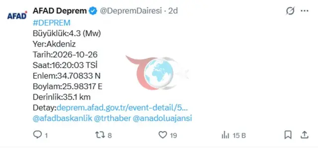 Ortaýer deňzinde 4.3 ululykda ýer titremesi boldy