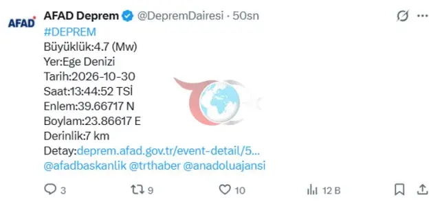 30 oktyabr 2026-cı ildə Egey dənizində 4,7 bal gücündə zəlzələ baş verib