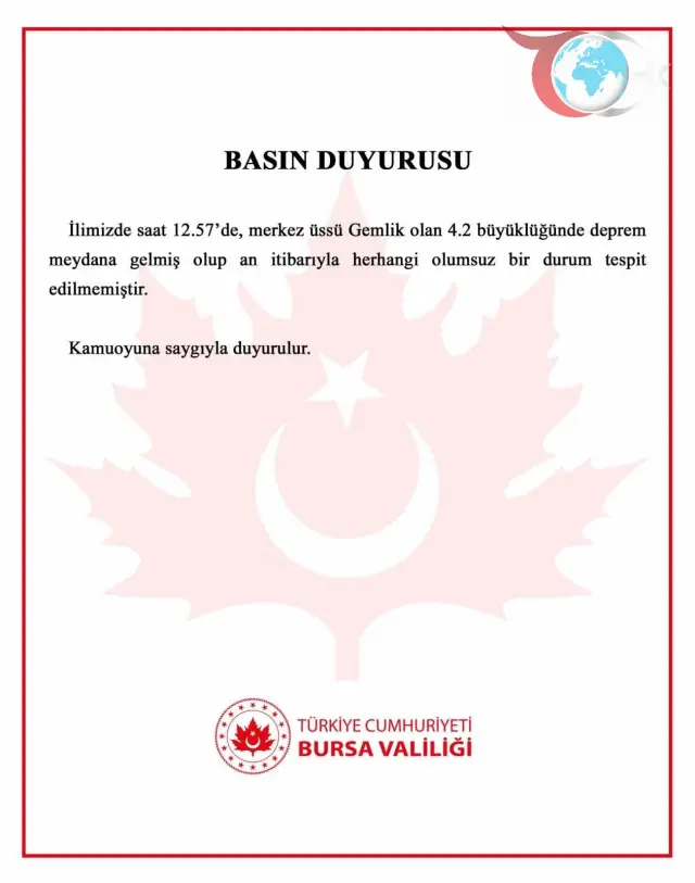 Gemlik'te 4.2 Büyüklüğündeki Deprem Korkuttu