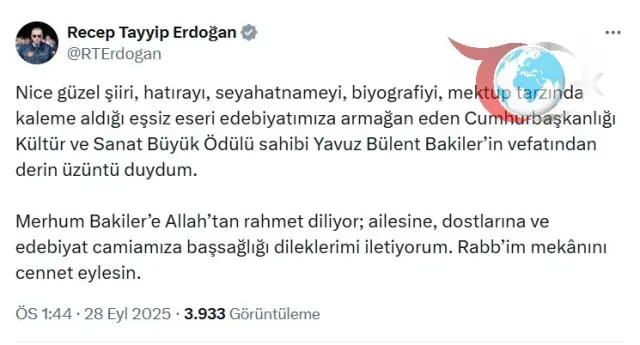 Ünlü Edebiyatçı Yavuz Bülent Bakiler'in Vefatına Erdoğan'dan Başsağlığı Mesajı