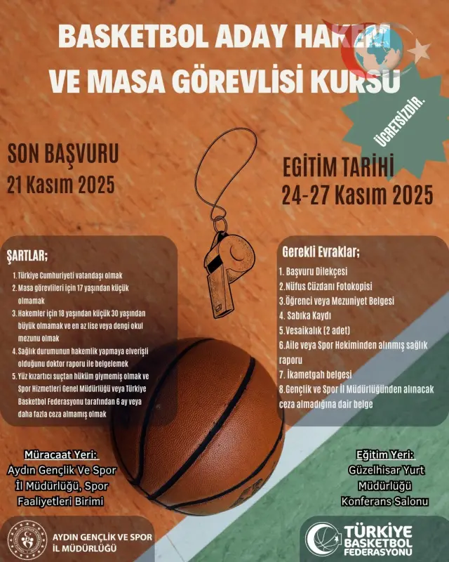 Aydın'da Ücretsiz Basketbol Hakemliği ve Masa Görevlisi Kursu Başlıyor