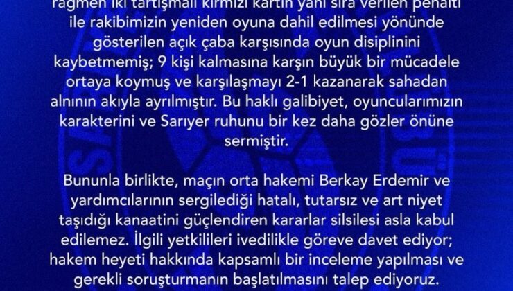 Sarıyer, Vanspor FK Maçı Hakemlerine Soruşturma Talep Ediyor