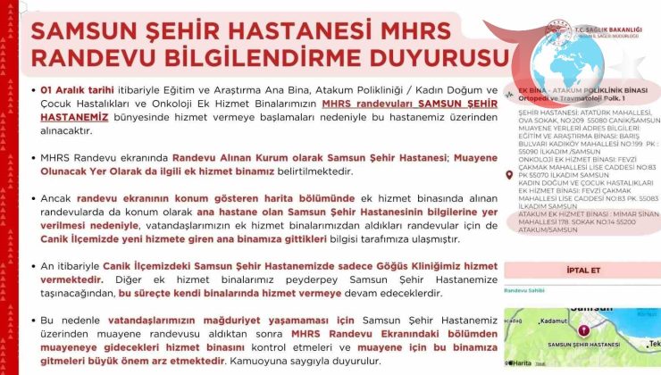 MHRS Randevularında Karışıklık: Samsun Şehir Hastanesi Ek Hizmet Binalarına Dikkat!